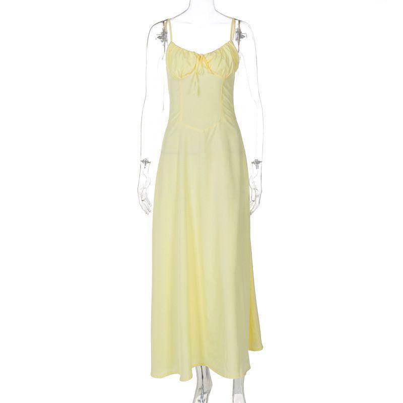 

One Neck Pleated Camisole Dress off-Neck Pleated Waist Tight Slim Looking Sling Dress Yellow L