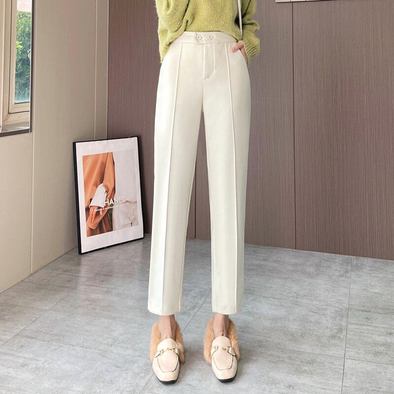 

Осенне-зимние модные утепленные повседневные брюки в стиле Харадзюку, свободные брюки с высокой талией, корейские тонкие женские шерстяные брюки-карандаш S белый