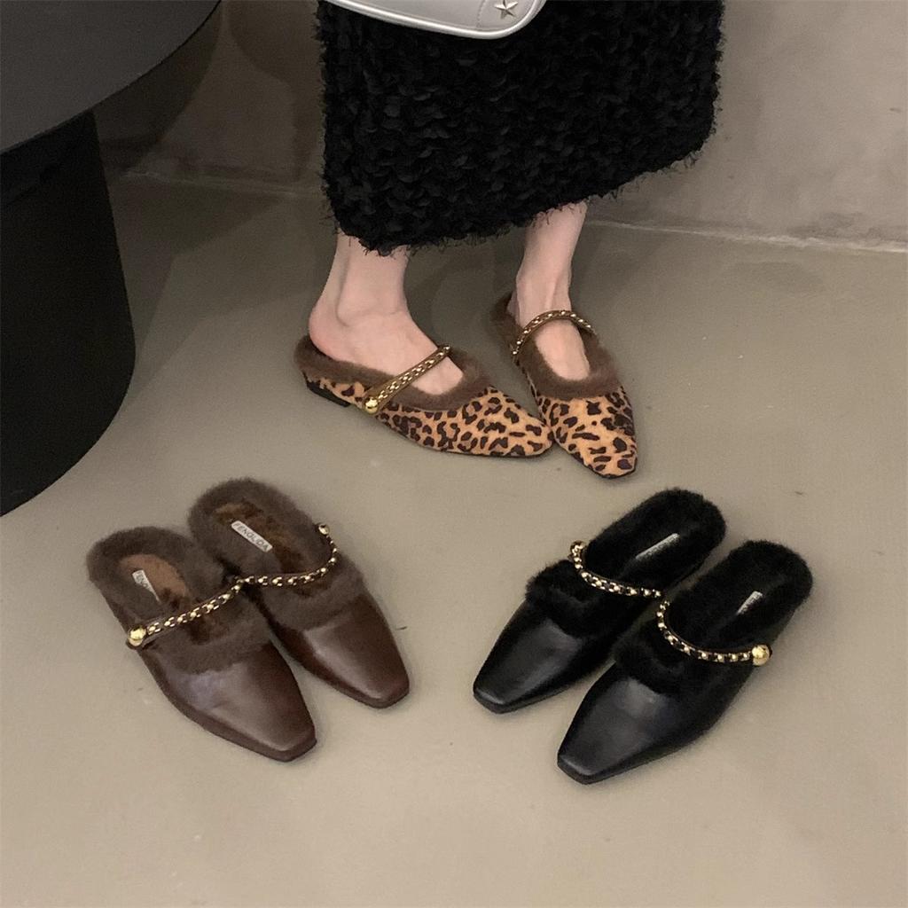 Thick heel French small fragrant wind fluffy slippers women's shoes 2025 new autumn and winter bag head half slippers velvet cotton shoes
