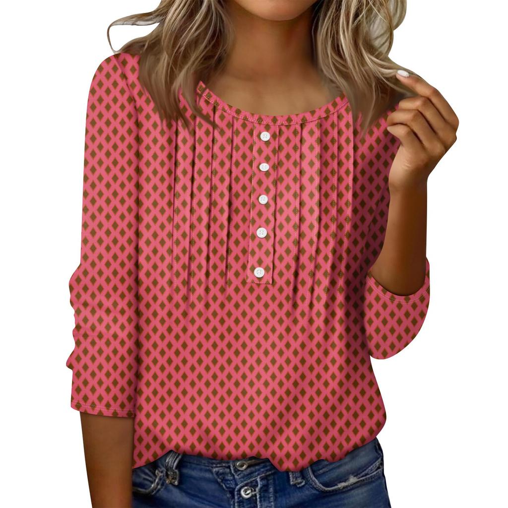 Women's Round Neck Pull Stripe Decorative Button Top Casual Solid Color 3/4 Sleeve T Shirt