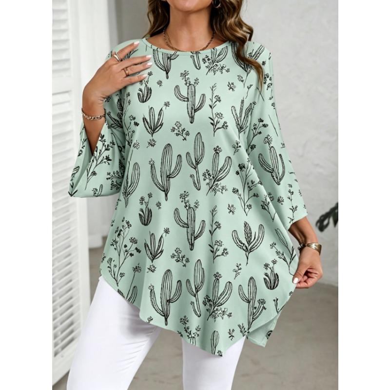 [Blusentop in Übergröße] Damen Casual Elegantes Blusentop mit Blumendruck und Rundhalsausschnitt für den Sommer - Übergröße