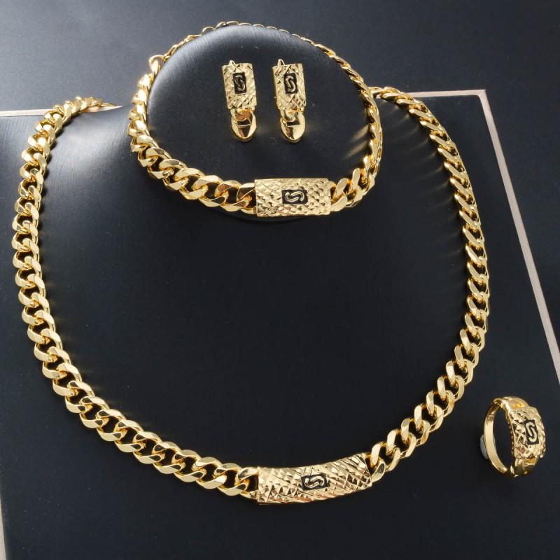 18K Gold Plated Cuban Chain Jewelry Set With Rhinestone Accents Women Necklace Bracelet Earrings