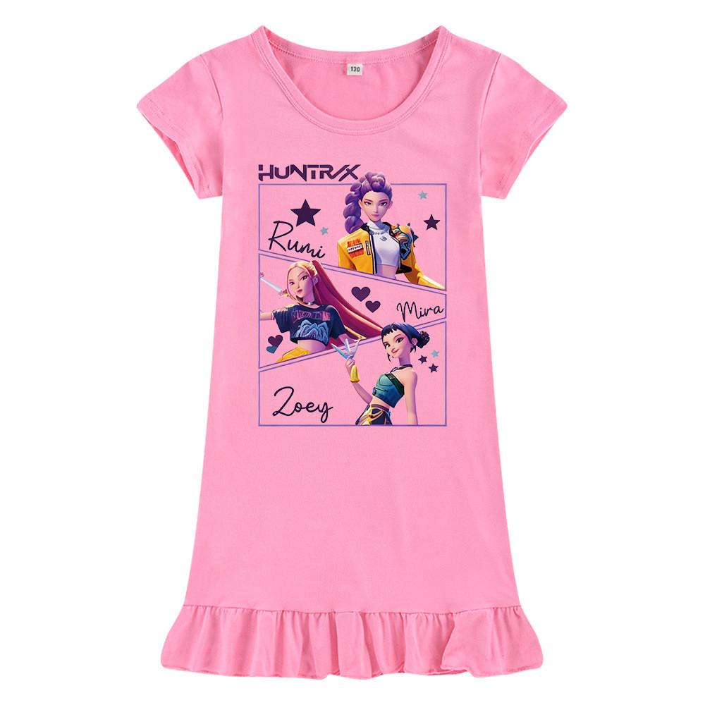 M1241 Kids Girls Kpop Rumi Zoey Mira Print Short Sleeves Ruffle Dress