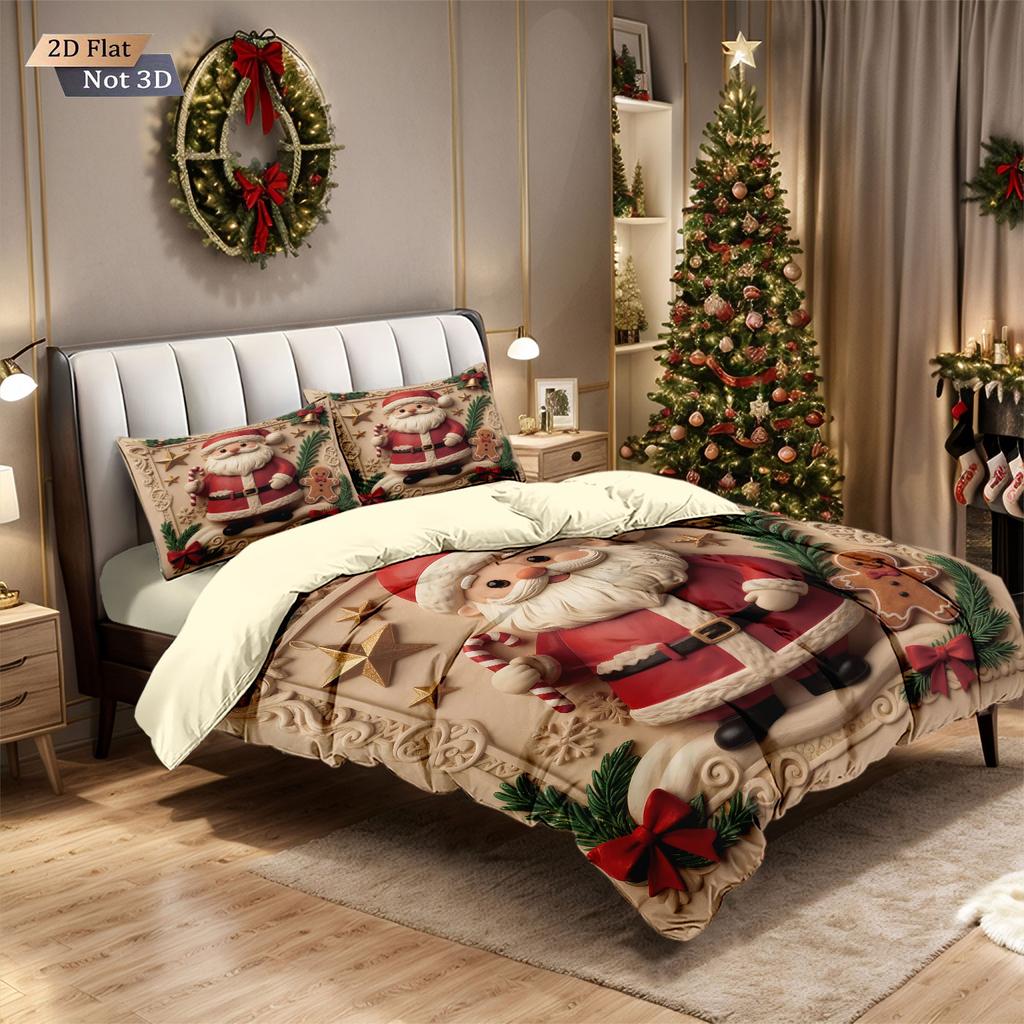 3pcs imitation relief Santa Claus print coreless duvet set multi size bedroom bedding holiday decoration machine washable