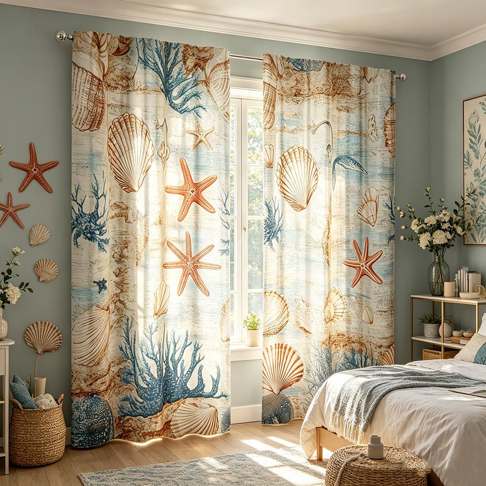 2 Stück Digital bedruckte Vorhänge mit Vintage-Meeresdesign, Stilvolle Fensterbehänge für Wohnzimmer, Schlafzimmer, Heimdekoration
