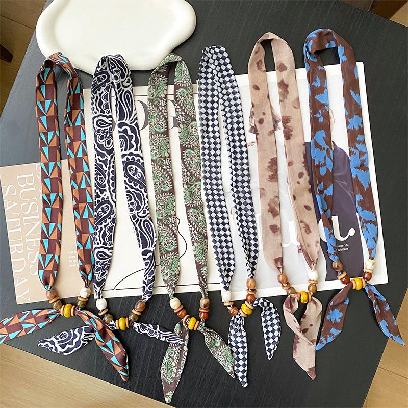 Retro Style Beaded Long Scarf Chain Necklace for Women Fashion Accessories Necklace Scarf Hijab Tie Bag Handle Ribbon Hairband