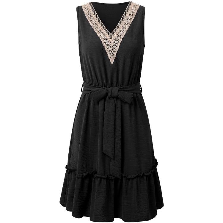 Γυναικείο Casual Καλοκαιρινό Φόρεμα Αμάνικο V-Neck Γραμμή Α Ψηλόμεσο Πάνω από το Γόνατο Κοντό Ζώνη Μονόχρωμο Δαντέλα Ανοιξιάτικο Φόρεμα S-XL