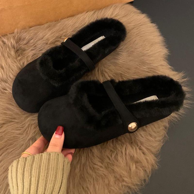 Fashion Winter New Baotou Slippers Women's Fashion Round Head Shallow Mouth Suede Anti-slip Wear-resistant Flat Shoes