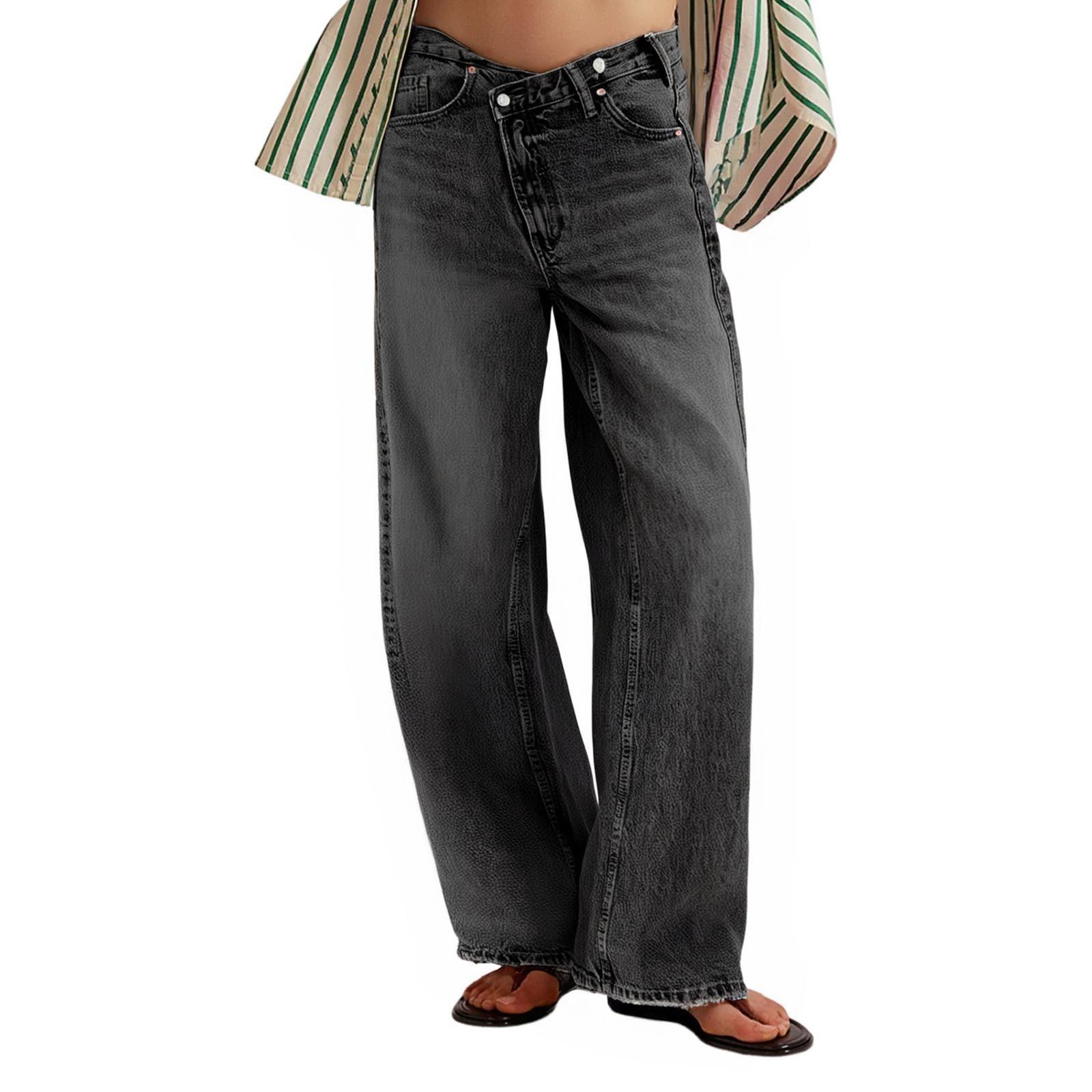 

Women s Casual Fashion Solid Color Elastic Waist Pockets Wide Leg Straight Jeans Pants S