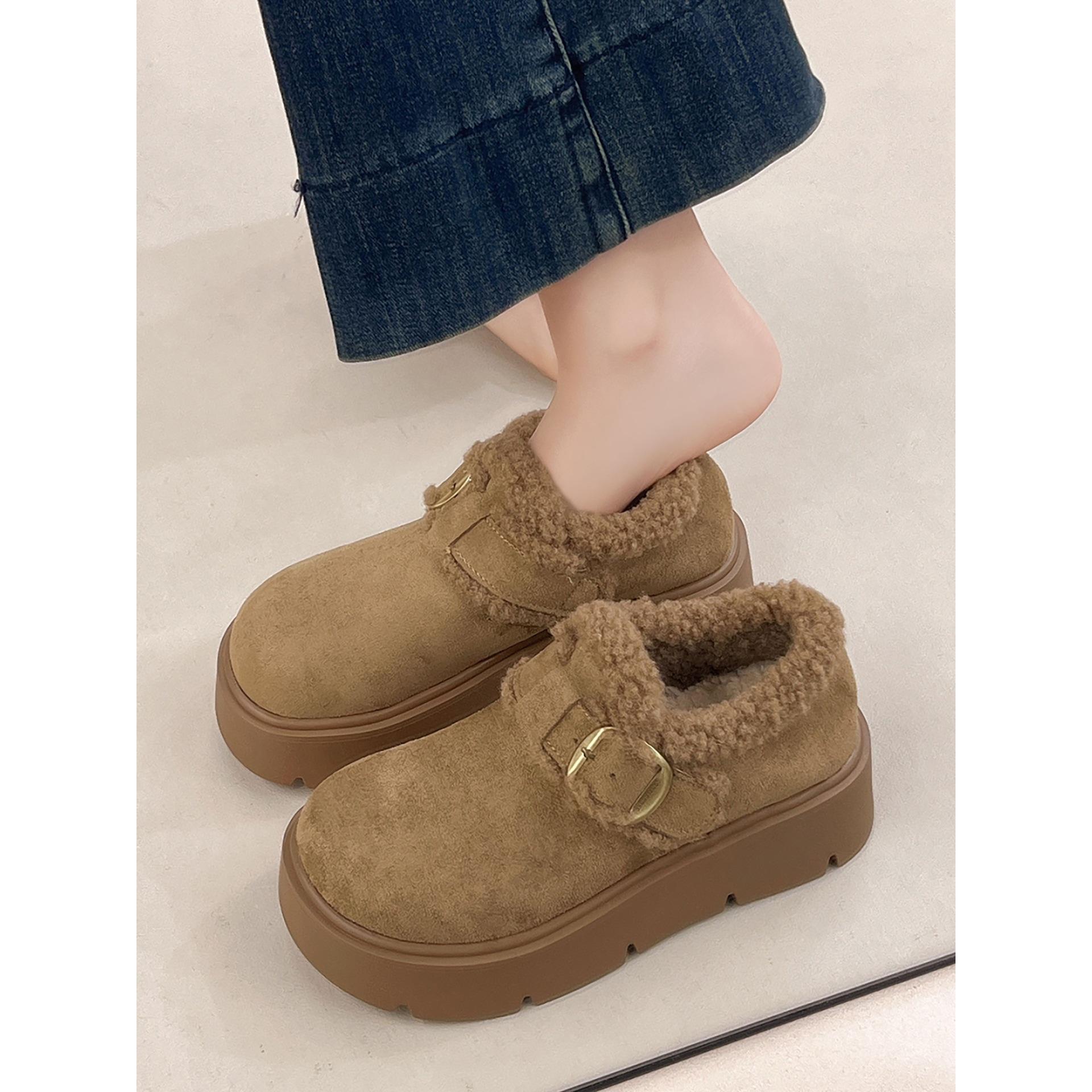 

Retro velvet thickened warm thick-soled snow cotton shoes for winter wear 2025 heightening all-inclusive Birkenstock shoes 40 хакі