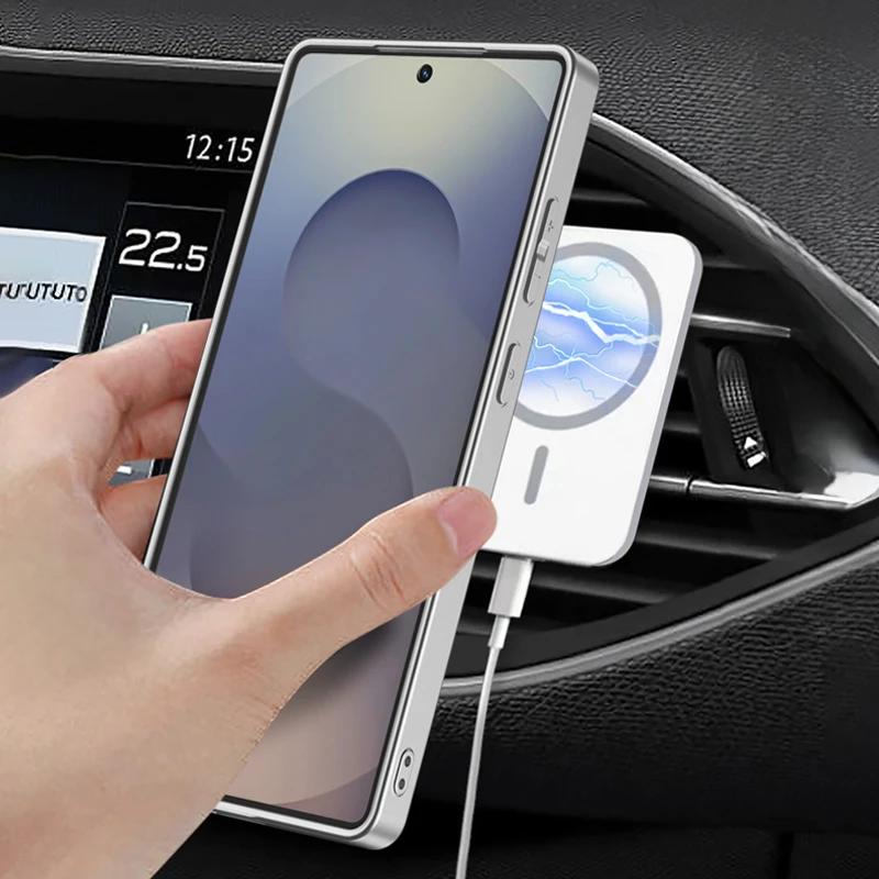 Magnetic Rotating Bracket Phone Case for Samsung Galaxy S25 Ultra Electroplate Leather Holder Shockproof Protective Cover