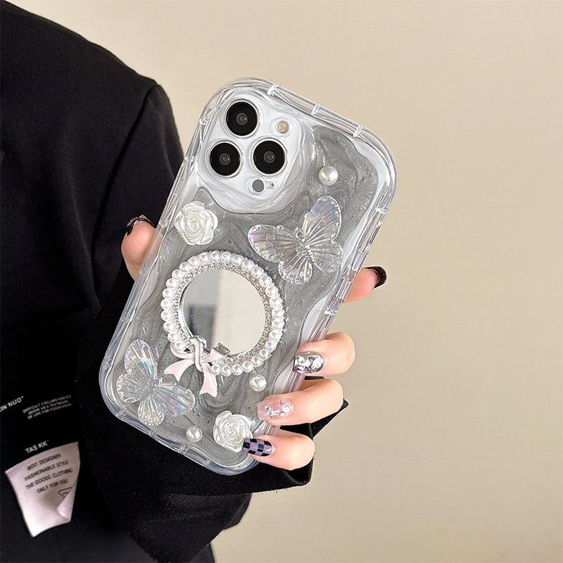 Pearl Bow Tie Mirror Phone Case For Iphone17Promax Flower Apple 16 Butterfly Internet Celebrity Female
