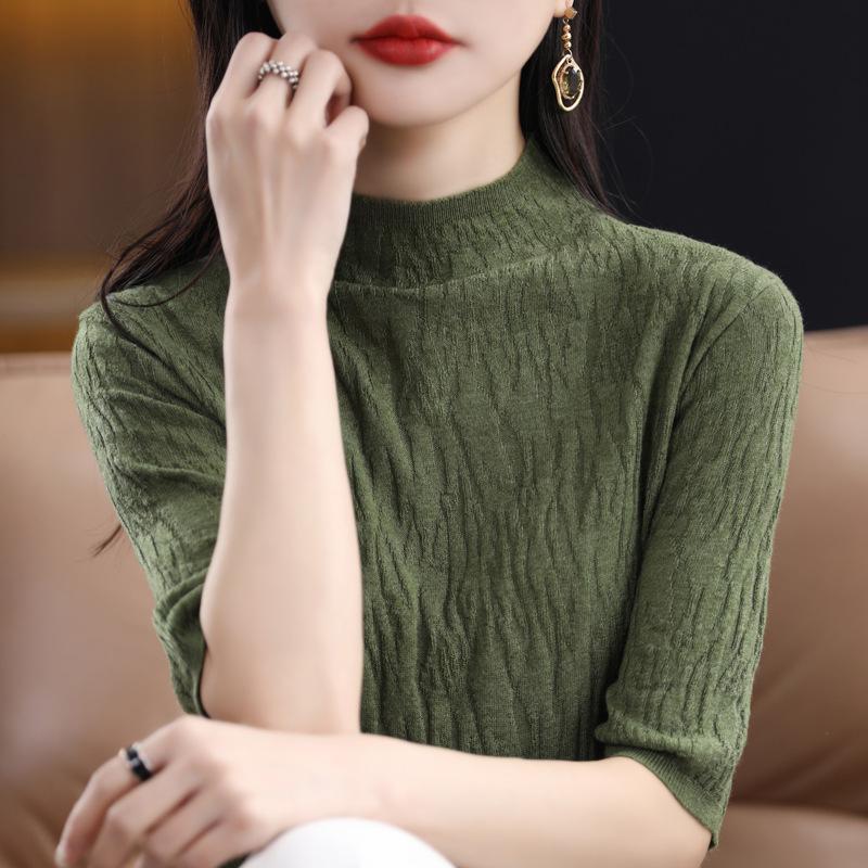 DAFIFY Women's Fashion Casual Summer Spring Solid Color Print Short Sleeve Half Turtleneck Blouses & Shirts