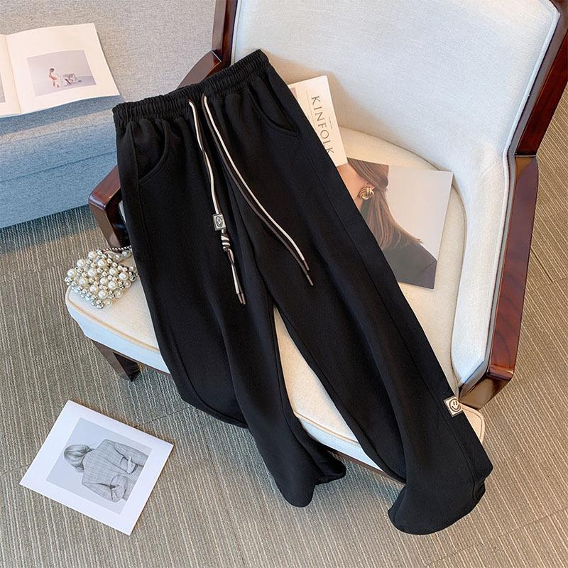 Women's Fall and Winter Plus Size Wide Leg Casual Pants Micro Elastic High Waist Drawstring Straight Pants