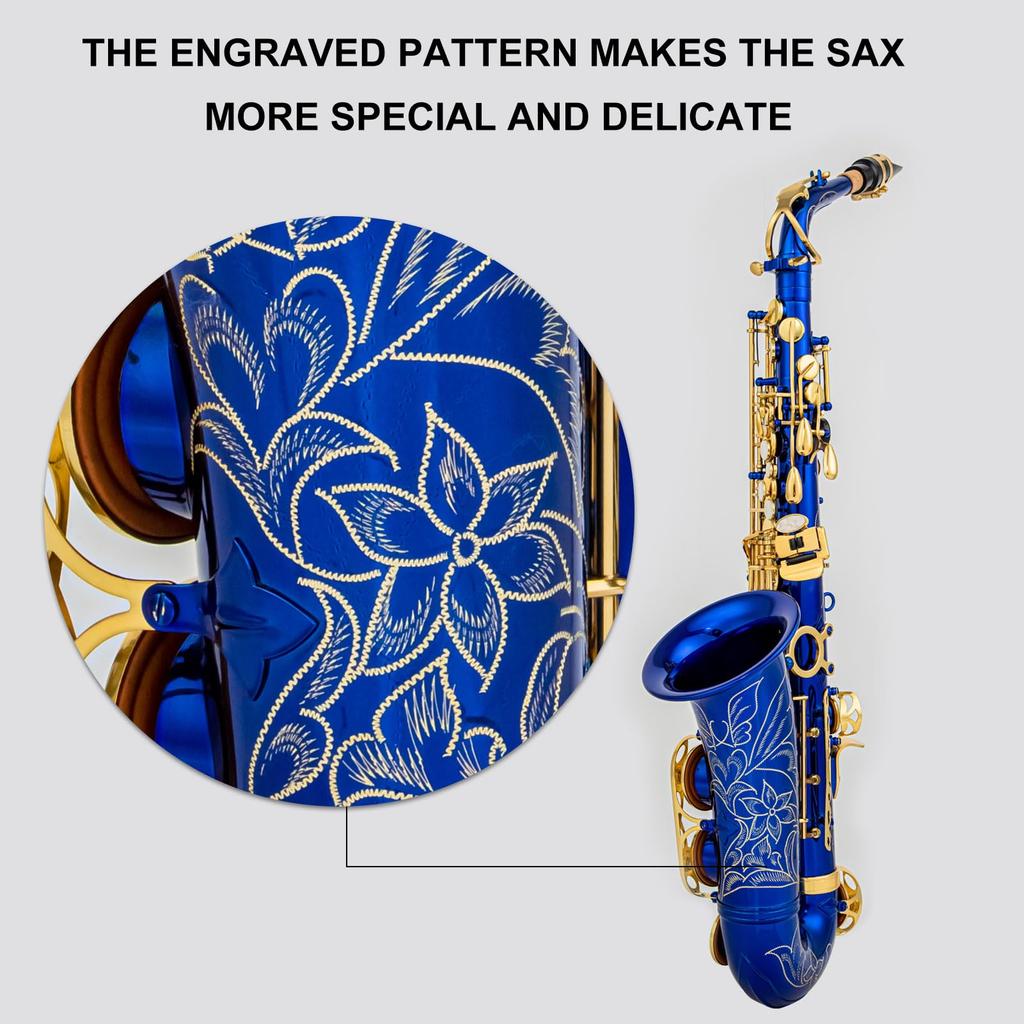 Btuty Eb Alto Saxophone Brass E Flat Saxophone 802 Key Type Woodwind Instrument with Cleaning Rod Cloth Gloves Strap Padded Case… (Blue)