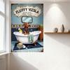 Vintage Fluffy Vizsla Bubble Bath Metal Sign - Blue & White Striped Mirror Wall Decor, Wooden Cabinet Green Towels, Rubber Duck