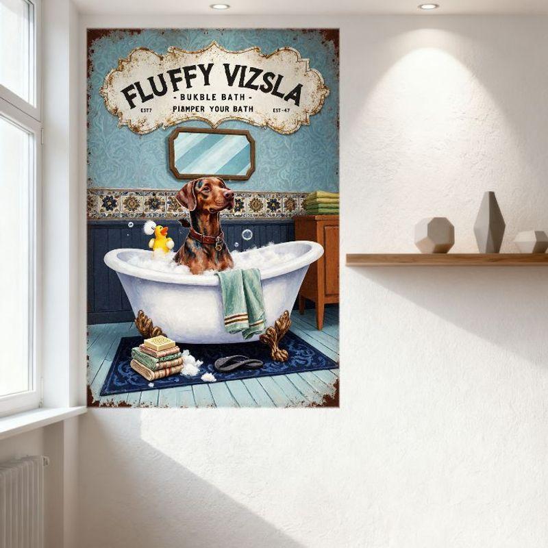 Vintage Fluffy Vizsla Bubble Bath Metal Sign - Blue & White Striped Mirror Wall Decor, Wooden Cabinet Green Towels, Rubber Duck