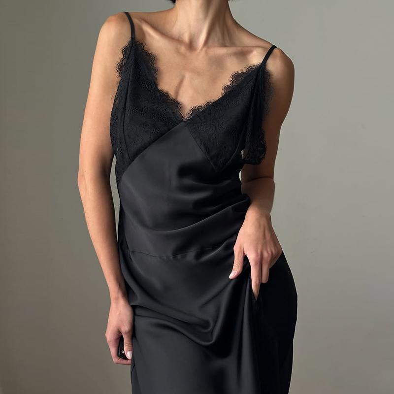 Lace Splice Slit Dress For Women Sleeveless Maxi Spaghetti Strap Sexy Dresses Satin Vacation Party Bodyocn Dress Vestidos