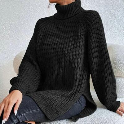 Turtleneck Raglan Long Sleeves Side Split Hem Women Sweater Winter Solid Color Loose
