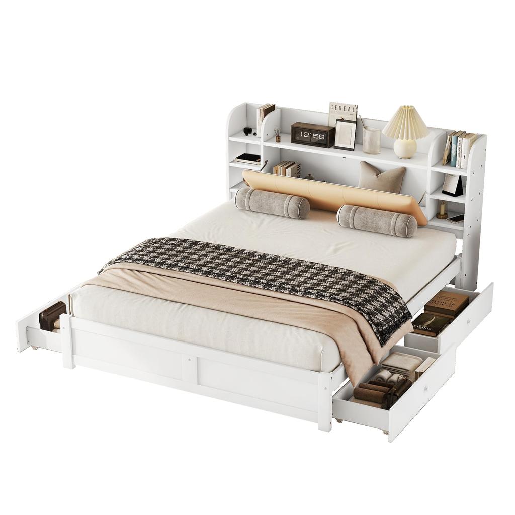 Doppelbett Holzbett 180x200cm, Stauraumbett mit 4 Schubladen und Stauraum-Kopfteil, Funktionsbett mit Lattenrost, Ohne Matratze