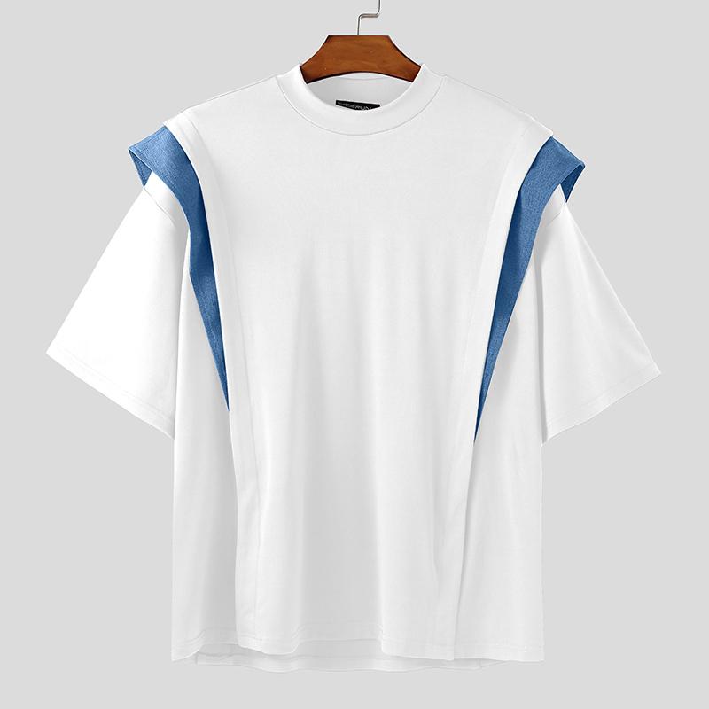 INCERUN Men Round Neck Short Sleeve Patchwork Oversized T-Shirts Tops