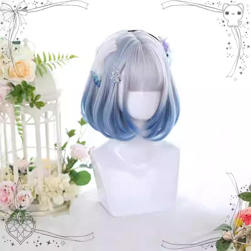 Straight Bob Lolita Short Cosplay Synthetic Hair Wigs Ombre Gray Blue Gradient Sweet Cute Wig for Women