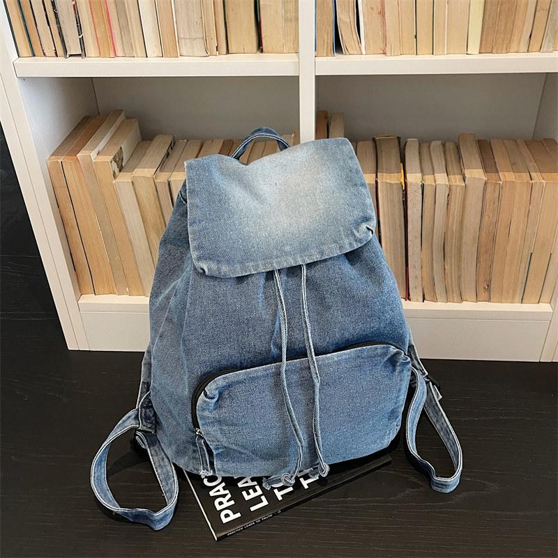 Schoolbag Japanese Casual Art Backpack Women's Large Capacity Denim Canvas Travel Backpack Student Drawstring Bag Cover School Bag