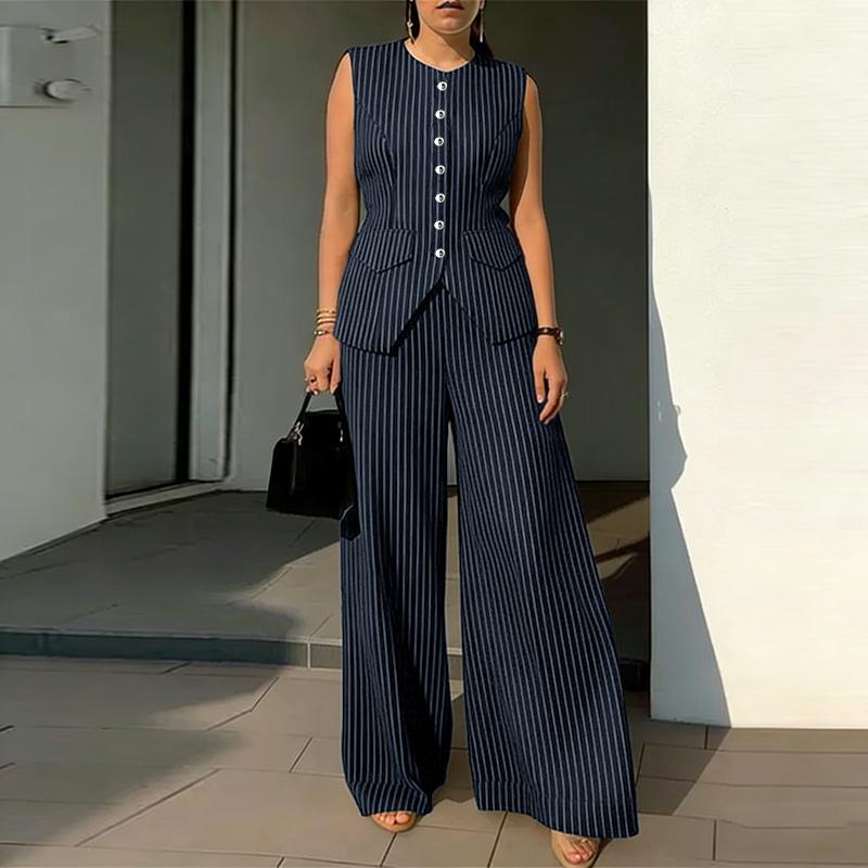 ZANZEA Women Sleeveless Vest Tops and Pants Stripe Print Two Piece Suit Sets