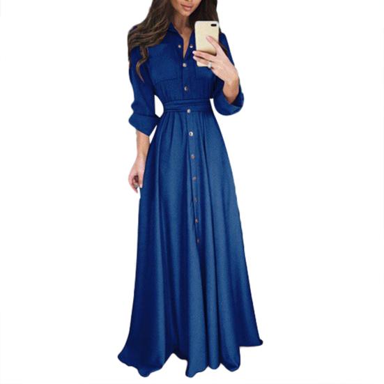 Women Single-Breasted Button Long Sleeve Turn-down Collar Dance Party Maxi Dress