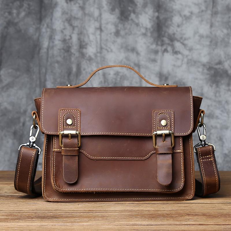 NZPJ Retro Leather Men's Mailman Bag Crazy Horse Men's Bag Top Layer Cowhide Shoulder Bag Casual Handbag For 10-Inch IPad