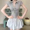 Korean Casual Style Slim Fit and Thin Polo Dot A-word Dress Women's Summer Temperament Waist Gray Polo Collar Skirt