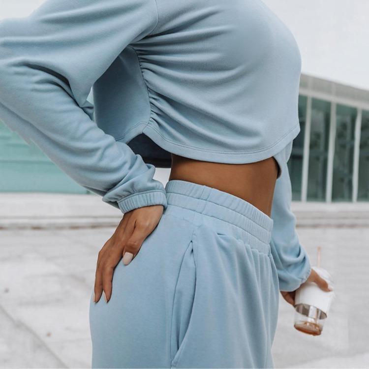 Women Autumn Winter Loose Hoodies Suit Long Sleeve O Neck Top with Wide Leg Pants Solid Color