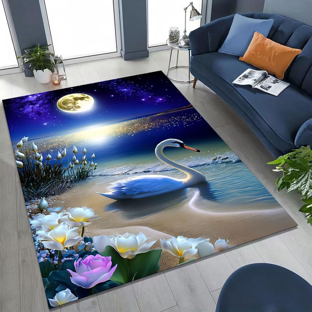 Traum Liebe Schwan Kunst Cartoon Teppich für Schlafzimmer Wohnzimmer Sofa Zuhause Fußmatte Dekor, Große Kinder Spiel Rutschfeste Bodenmatte Geschenk