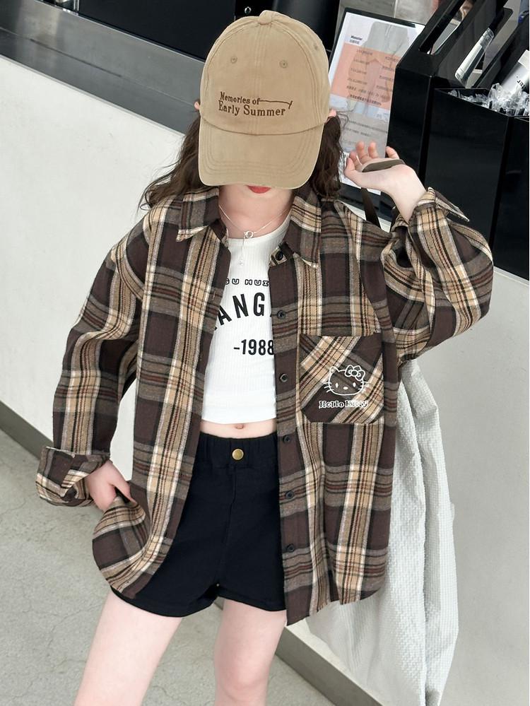 Girls' Plaid Long-Sleeve Shirt Jacket for Autumn 2025 - Fashionable Spring Top for Big Kids