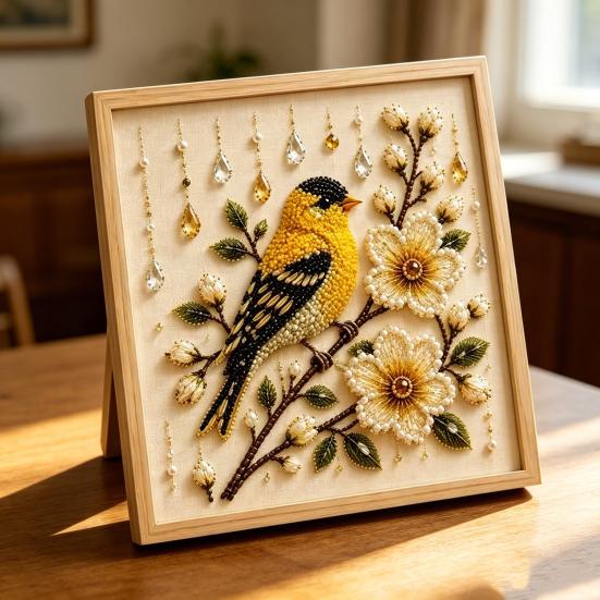 Hummingbird Bead Embroidery Kit, DIY Pearl Art Painting, with Crystal Beads Floral Designs Craft, for Adults Beginners