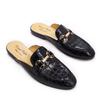 Fashion Men's Leather Half Shoes, Black Pointed Toe Flat Crocodile Pattern Metal Buckle, Comfortable Casual Men's Shoes Daily Home Shoes