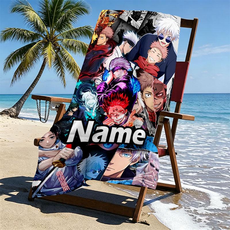 Custom Name Personalized Jujutsu Kaisen Print Beach Towel, for Trip Camping Beach Party Home Decor, Birthday Gift for Family & Friends