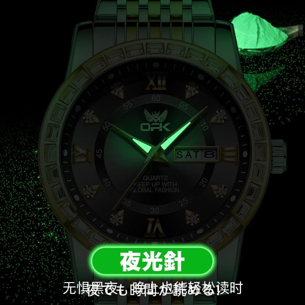 Generic Men's Quartz Watch 42mm Stainless Steel Round Face Calendar Day Date Diamond Index Water Resistant Black