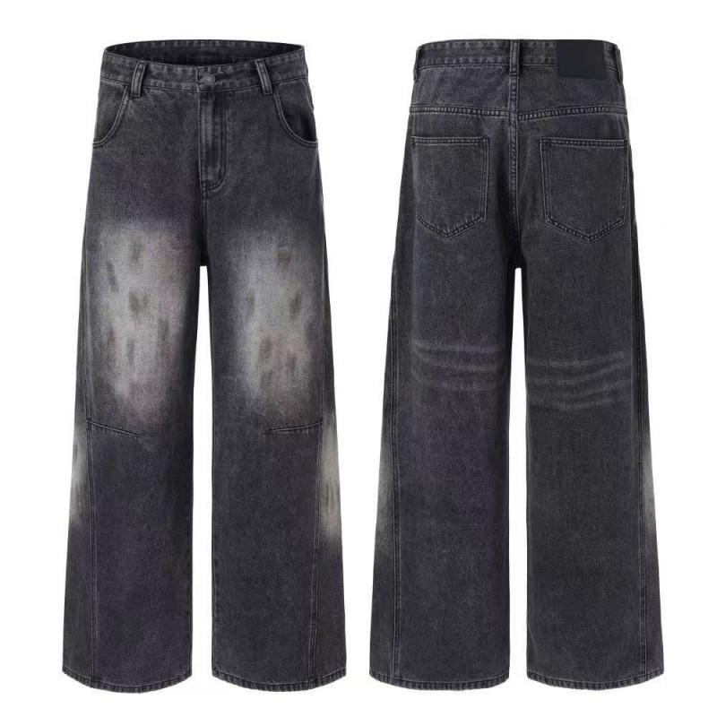 Unisex Distressed Wide Leg Straight Jeans Men Women Mid-Rise Relaxed Fit Cotton Denim Pants Washed Vintage Style