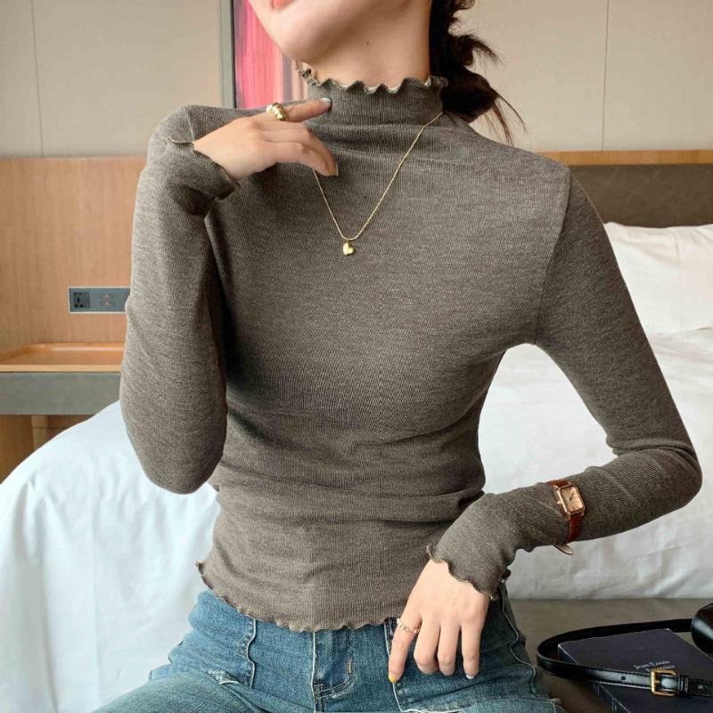 

Женская осенне-зимняя базовая водолазка с фестончатым краем, прилегающий трикотажный свитер с длинными рукавами, универсальный кружевной топ XXL fits 130-75kg кофейный