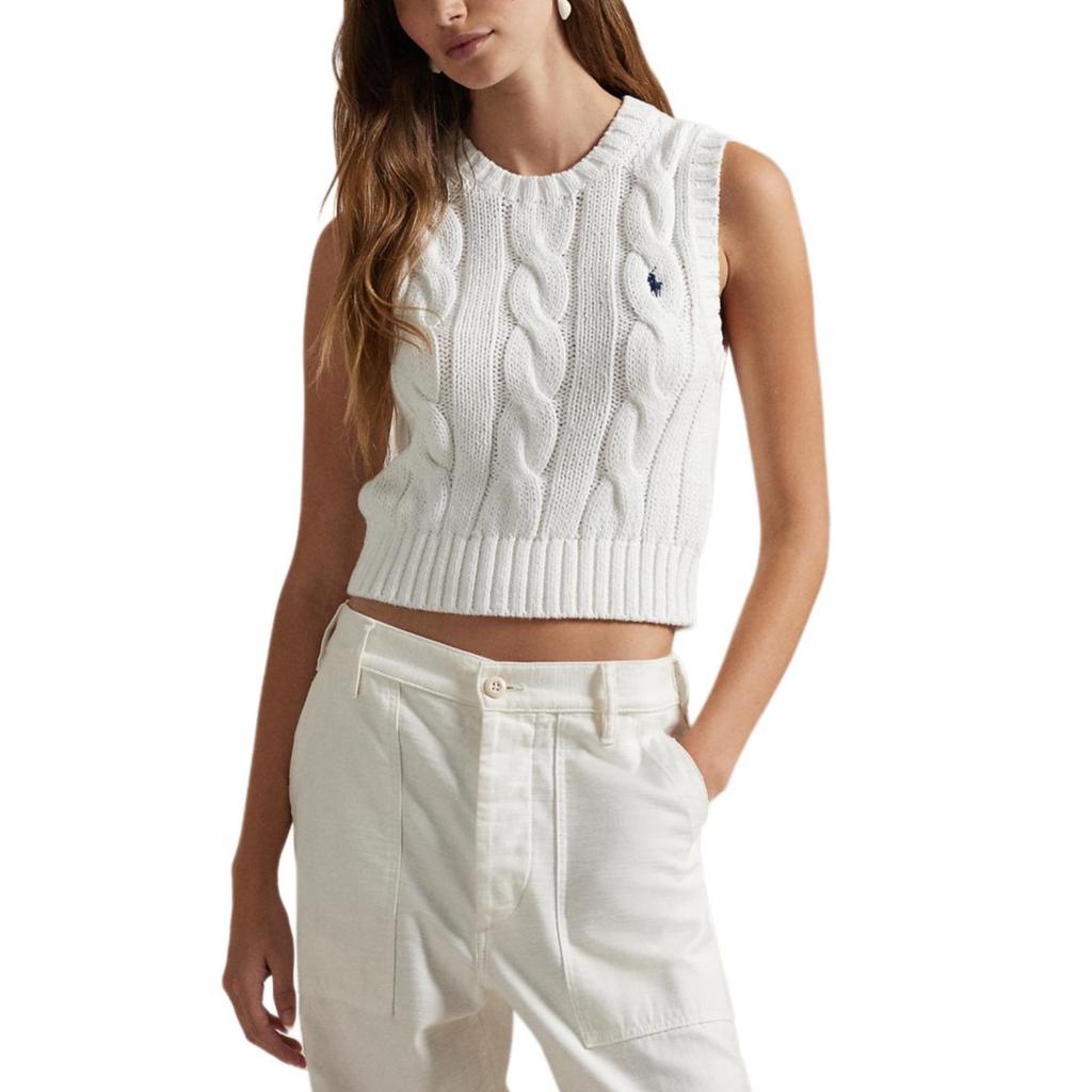 Polo Ralph Lauren Embroidered Pony Crew Neck Cable Knit Sleeveless Top Women Tops White WMPOSWENC021163-100
