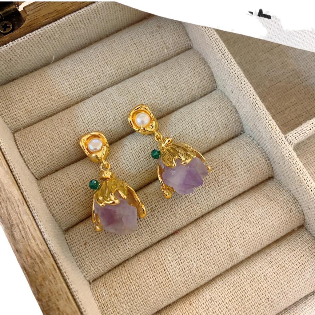 Medieval Style Niche Retro Amethyst Stone Earrings Light Luxury Temperament High-end Earrings Niche Design Ear Holes