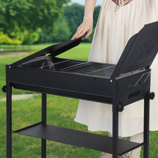 Langer Grill Holzkohle Großer BBQ Grill Klappbare Seitenablage Camping Grill für Garten Hinterhof Party Picknick Kochen (47.28x25.61x25.61 Zoll)