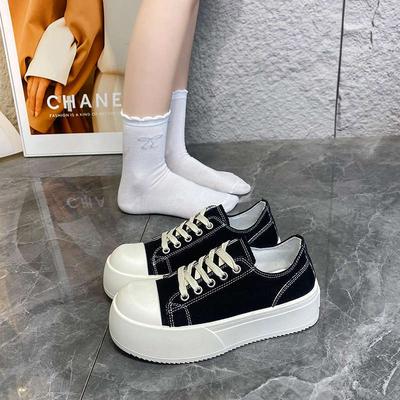 American Black and White Thick Baseplate Shoes Women's Spring and Autumn New Big Head Canvas Shoes Heightening Casual Shoes