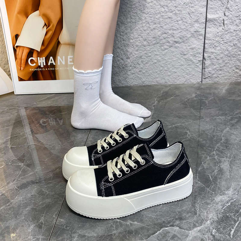American Black and White Thick Baseplate Shoes Women's Spring and Autumn New Big Head Canvas Shoes Heightening Casual Shoes