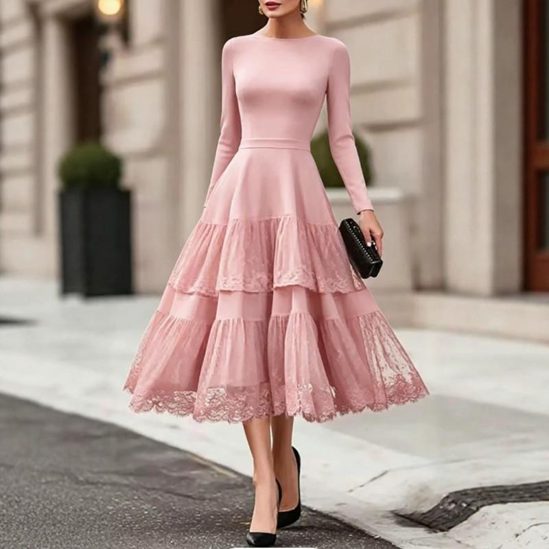Elegant French Round Neck Solid Color Long Sleeve Mesh Panel Fit-and-Flare Dress Women