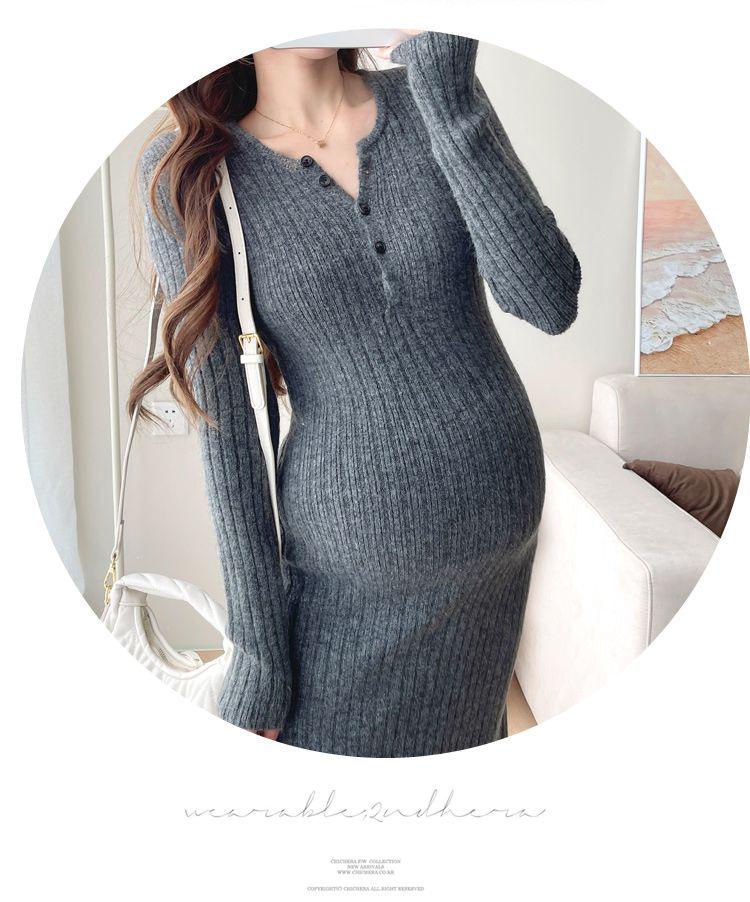 Maternity French Style Dress: Spring/Autumn Innerwear, Plus Velvet Warm, Solid Color, Round Neck, Belly Support, Slimming