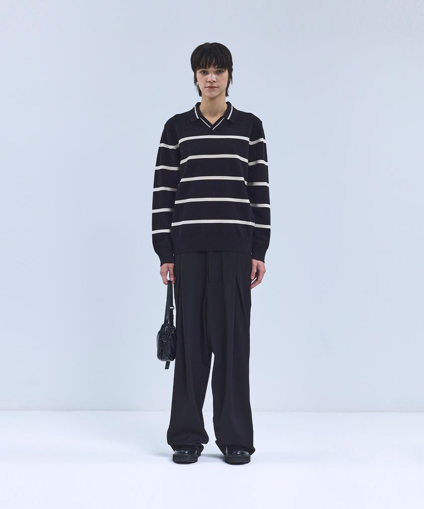 IRONYPORNO WHITELINE 86-Iroj365 Open-Neck Striped Long-Sleeve Knit Black