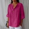 Bluse T-shirt da Donna in Cotone e Lino Larghe con Scollo a V e Bottoni Nuove Camicie Estive