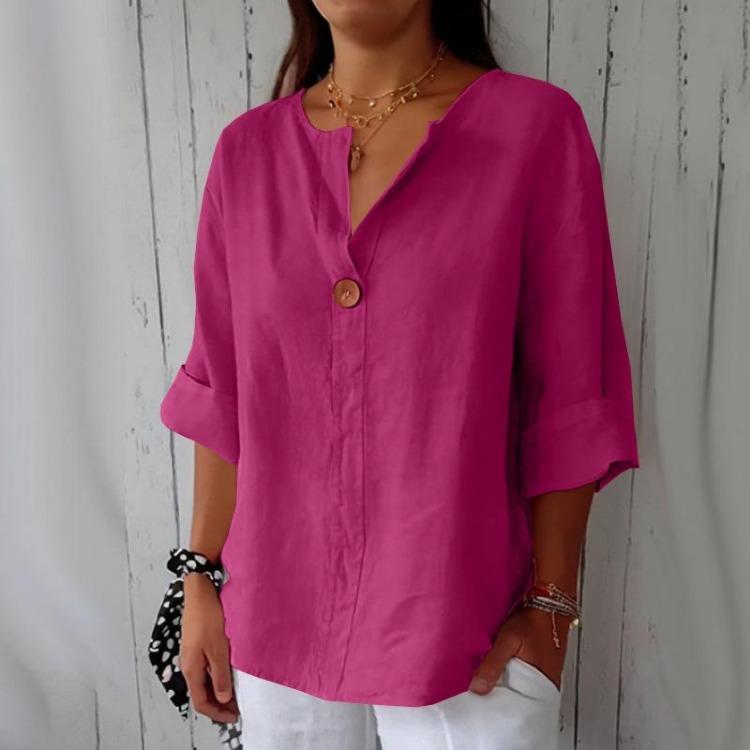 Bluse T-shirt da Donna in Cotone e Lino Larghe con Scollo a V e Bottoni Nuove Camicie Estive